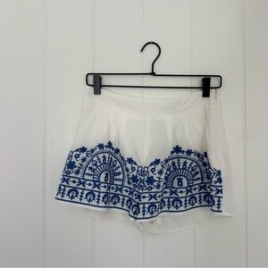 Women's White and Blue Embroidered Shorts